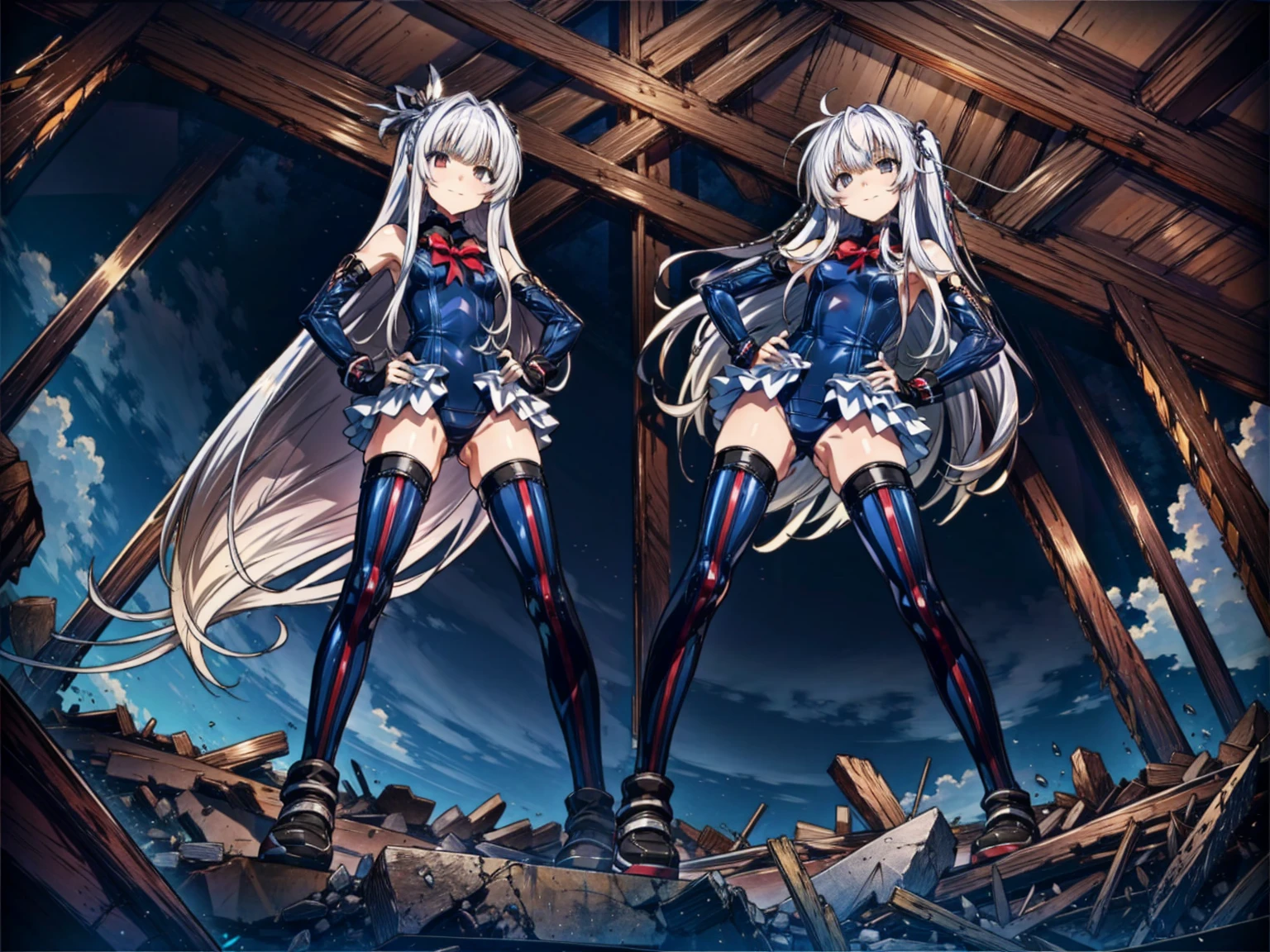 4k,perfect anatomy, highest quality, rose,evil smile,provocative attitude
,(2Young Girls greet dawn on top of a pile of rubble:1.1),evil smile,anime style,(white ruffle swimsuit, Thighhighs, removed sleeve), (anime style:1.4) ,
silver hair,(white fingers:1.1,black gloves),very long hair,evil aura,(from below:1.4),put both hands on hips,hypnoLora、
empty eyes,full body
