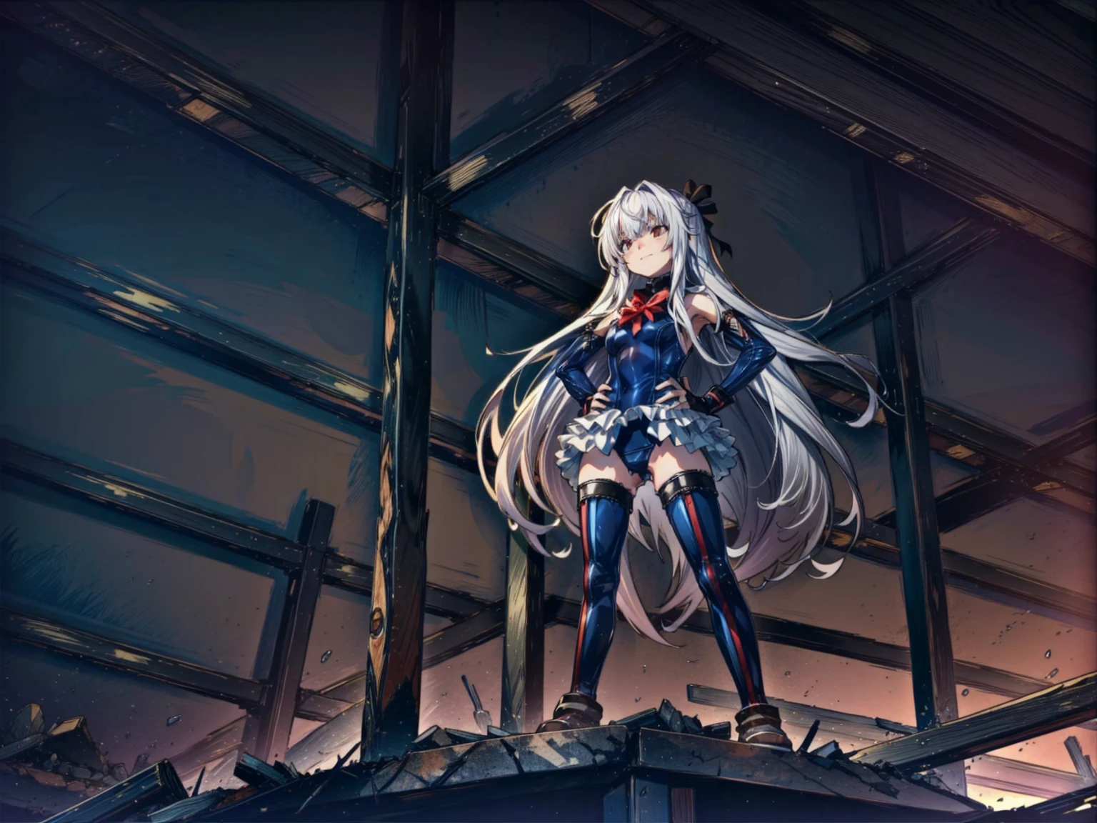 4k,perfect anatomy, highest quality, rose,evil smile,provocative attitude
,(2Young Girls greet dawn on top of a pile of rubble:1.1),evil smile,anime style,(white ruffle swimsuit, Thighhighs, removed sleeve), (anime style:1.4) ,
silver hair,(white fingers:1.1,black gloves),very long hair,evil aura,(from below:1.4),put both hands on hips,hypnoLora、
empty eyes,full body
