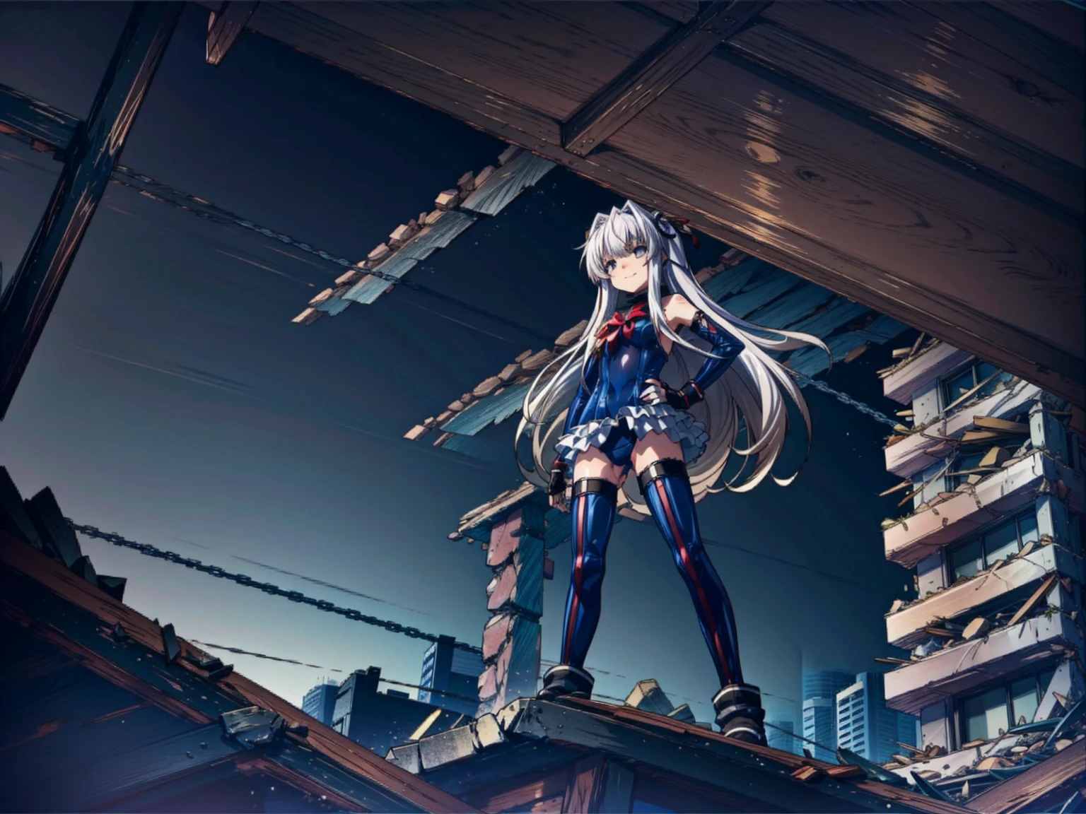 4k,perfect anatomy, highest quality, rose,evil smile,provocative attitude
,(ung Girls greet dawn on top of a pile of rubble:1.1),evil smile,anime style,(white ruffle swimsuit, Thighhighs, removed sleeve), (anime style:1.4) ,
silver hair,(white fingers:1.1,black gloves),very long hair,evil aura,(from below:1.4),put both hands on hips,hypnoLora、
empty eyes,full body