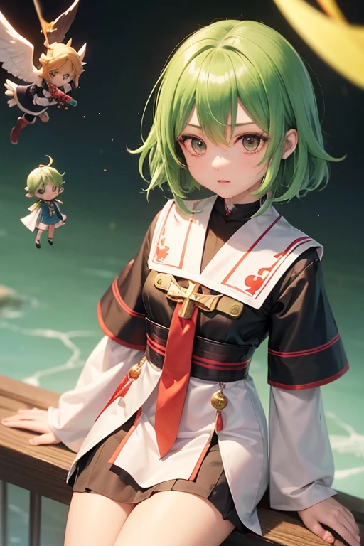 (GUMI: 0.8), stocky, anime, (Tengu: 0.8), messy short hair, fortune teller, green hair, Angelic French doll, Priest, poncho, Gospel, to face a headwind, Messiah, friendly, cold, (resistance: 0.8), Yu-Gi-Oh, Zashiki-warashi