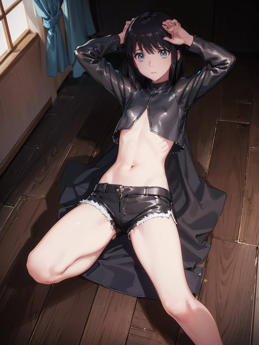 woman,Full body photo, ((Bright room in the middle of the day. ))) Best image quality, high quality, The background is clear，きれいなwoman, Japanese, detailed, detailed eyes, detailed skin, Beautiful Skin, 超High resolution, (reality: 1.4),とても美しいwoman, A little younger face, Beautiful Skin, thin, (Ultra-photorealism), (High resolution), (8k), (非常にdetailed) (Beautiful and detailed eyes), (非常にdetailed), (detailed face), Displaying the viewer, Fine details, detailed face, Staring straight ahead, Staring straight ahead, Photo Real, Baby Face,Hairstyle: short hair,smile,(((Leather clothing、belly button、Shorts、)))(Flat chested,)(((flat chests,)))((smile,))hair over one eye, from below,