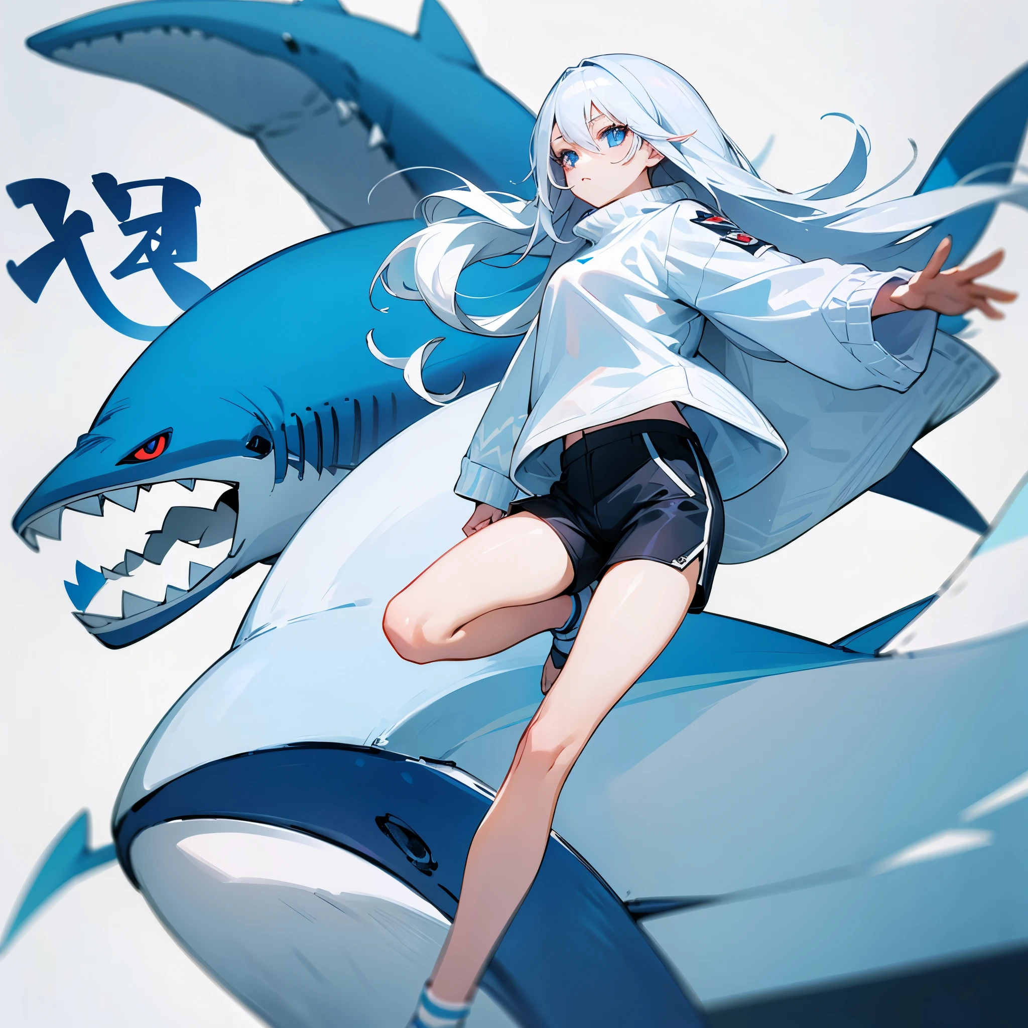 woman with long white hair  cute blue eyes  Wear a white sweater with a shark pattern.  Wear black shorts  surfing anime