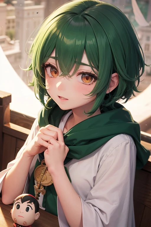 (GUMI: 0.8), stocky, anime, (Tengu: 0.8), messy short hair, fortune teller, green hair, Angelic French doll, Priest, poncho, Gospel, to face a headwind, Messiah, friendly, cold, (resistance: 0.8), Yu-Gi-Oh, Zashiki-warashi