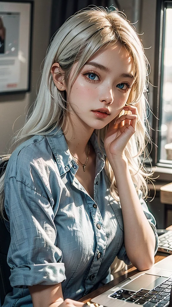 A girl, long white hair, blue eyes, 24 years old, in an officewear, typing in a laptop