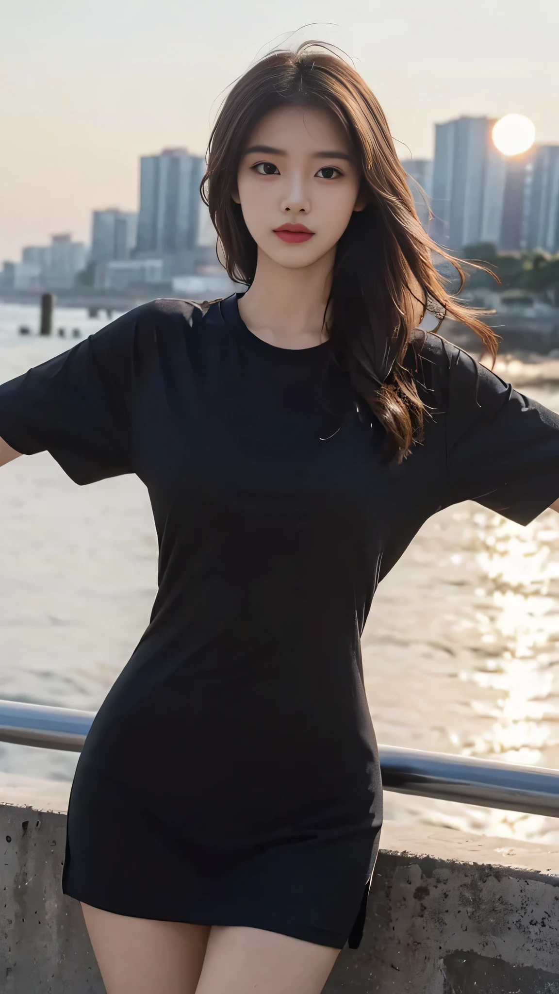 A perfect young female,Chinese,(masterpiece:1.3), (8k, photorealistic, RAW photo, best quality: 1.4), gravure photography, (sunset need, 8K, master piece:1.3)), ((beautiful 1 woman)) , slim abs:1.1, (( brown wavy hair, Big cities:1.2 )), ,( in black oversize t-shirt ), posing, towards the camera:1.2,), ((Ocean:1.3)), Highly detailed face and skin texture, detailed eye, double eyelid, Blurred background, depth of fiel