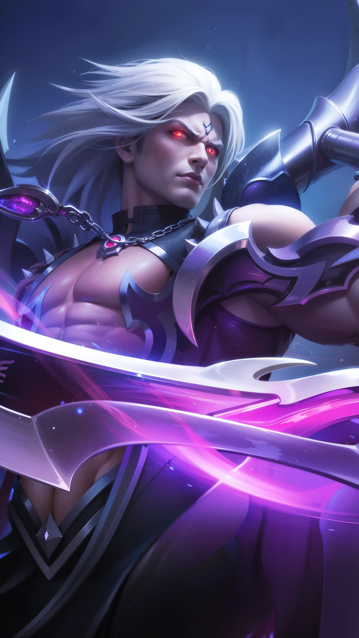 a man with a sword in her hand, Masterpiece, ultra HD, detailed all picture, a close up of a devil, dyrroth from mobile legend, evil, extremely detailed artgerm, mobile legends character, inspired by Dyrroth, Six pack chest and abs, black jewel above the chest, light red eyes, glare.