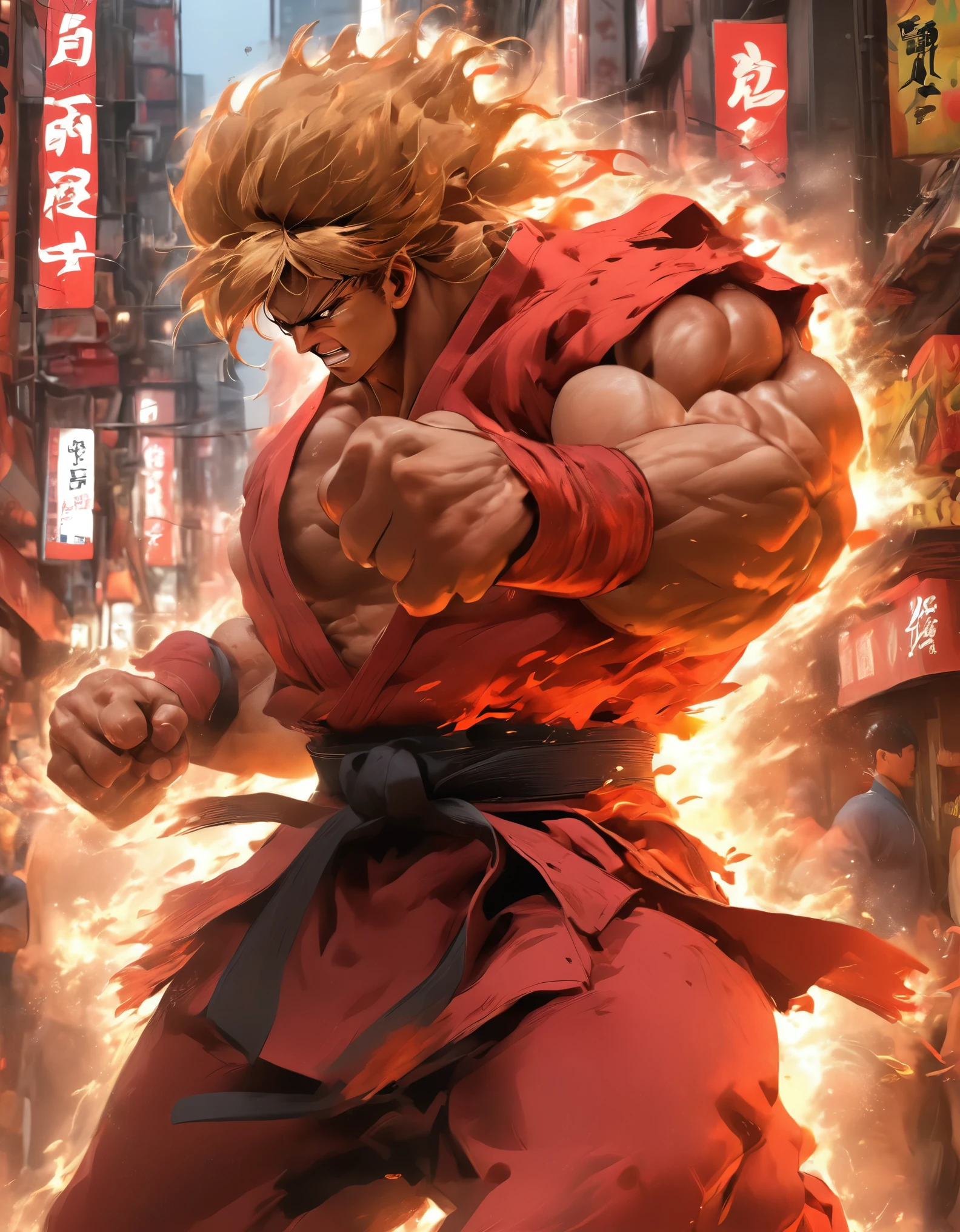 (best quality,4k,highres,masterpiece:1.2),ultra-detailed,realistic:1.37,portrait,street,fighting scene,Japan,Ken Masters,Ken's journey,vibrant,dynamic,energetic,bustling,action-packed,strong,confident,athletic,determined,strong-willed,colorful,glimpse into Ken's world,traditional architecture,crowded street markets,neon-lit cityscape,reflection of vibrant city life,towering skyscrapers,flashing arcade signs,gritty back alley,street performers,busy commuters,bustling crowd,enigmatic city lights,street food stalls,woven tapestry of urban life,detailed facial features,Ken's muscular physique,fiery aura around Ken,burning determination in his eyes,confident smile,classic red Gi,striking pose,background of intense battle,blur of dynamic movement,fierce fistfight,flames engulfing the arena,stunning display of martial arts,high-octane energy,rays of sunlight filtering through the buildings,shadows dancing on the pavement,reflection of Ken's strength in his surroundings+".