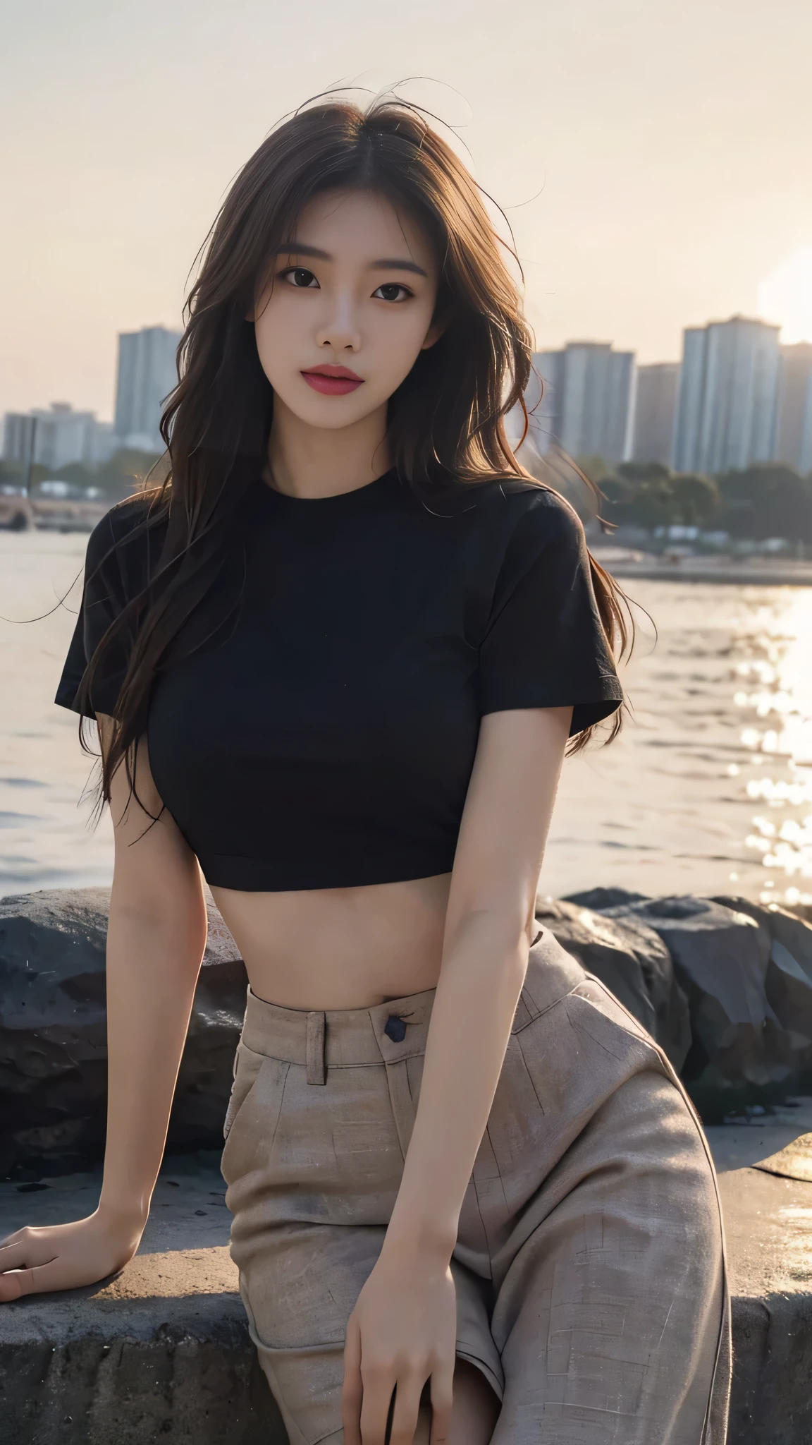 A perfect young female,Chinese,(masterpiece:1.3), (8k, photorealistic, RAW photo, best quality: 1.4), gravure photography, (sunset need, 8K, master piece:1.3)), ((beautiful 1 woman)) , slim abs:1.1, (( brown wavy hair, Big cities:1.2 )), ,( in black oversize t-shirt ), posing, towards the camera:1.2,), ((Ocean:1.3)), Highly detailed face and skin texture, detailed eye, double eyelid, Blurred background, depth of fiel