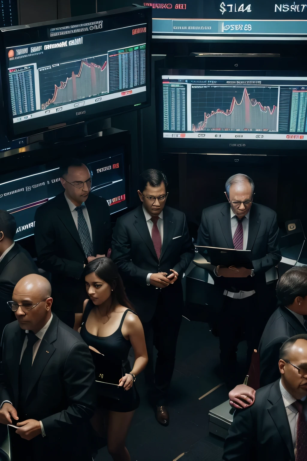 "(best quality,highres),people making trades on the stock market,traders on the trading floor,financial transactions and data analysis,computers and screens displaying stock market information,(realistic:1.37) stock market charts and graphs,professional stock traders in suits,HDR lighting effects,financial technology and algorithms,stock market data visualization,real-time market updates,fast-paced trading environment,highly competitive atmosphere,global economy impact,investors analyzing stock portfolios,(portrait:1.1) of famous investors and financial experts,bull and bear market scenarios,vivid colors representing market volatility,advanced trading tools and software,market indicators and economic trends,realistic representation of stock market prices,fast and accurate decision-making process,Hollywood-style portrayal of stock market drama,high-frequency trading technology,emphasis on the importance of risk management and diversification,technology-driven stock market,financial news reporting and media coverage,international stock exchanges connecting the world market,extremely detailed stock market floor with bustling activity,UHD resolution capturing the frenzy of trading floor,emerging markets and investment opportunities,conceptual artwork depicting the impact of stock market on daily lives."