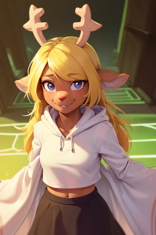 (noelle, furry female anthro, blonde hair, deer girl, red deer nose, white eyes, white pupils, white robe, hooded robe, midriff), sad, outstretched arms, green neon city, smiling
