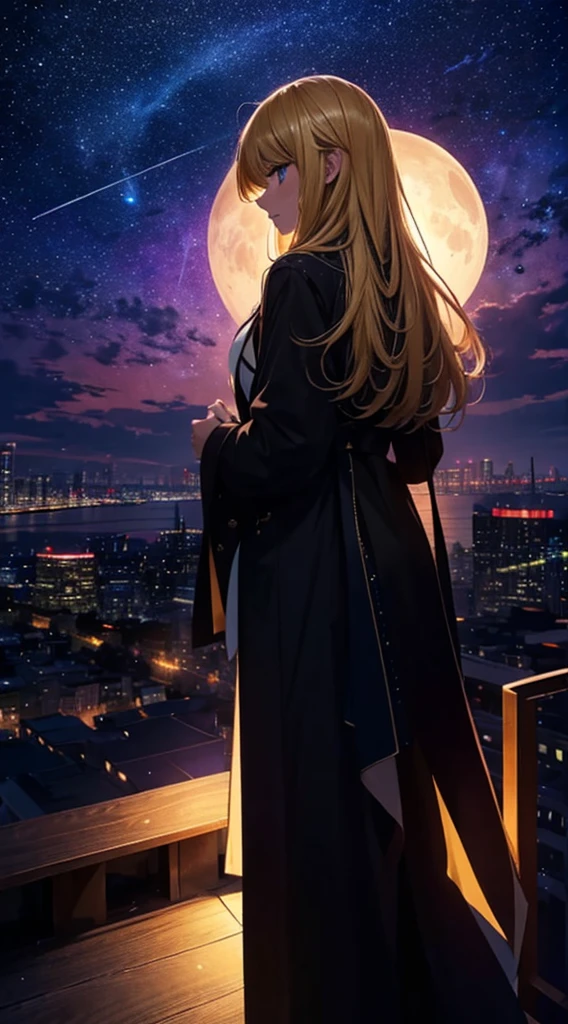 １people々々々々々々々々,Blonde long-haired woman，Long coat， Dress Silhouette， Rear View，Space Sky, comet, Anime Style, City night view from the rooftop，