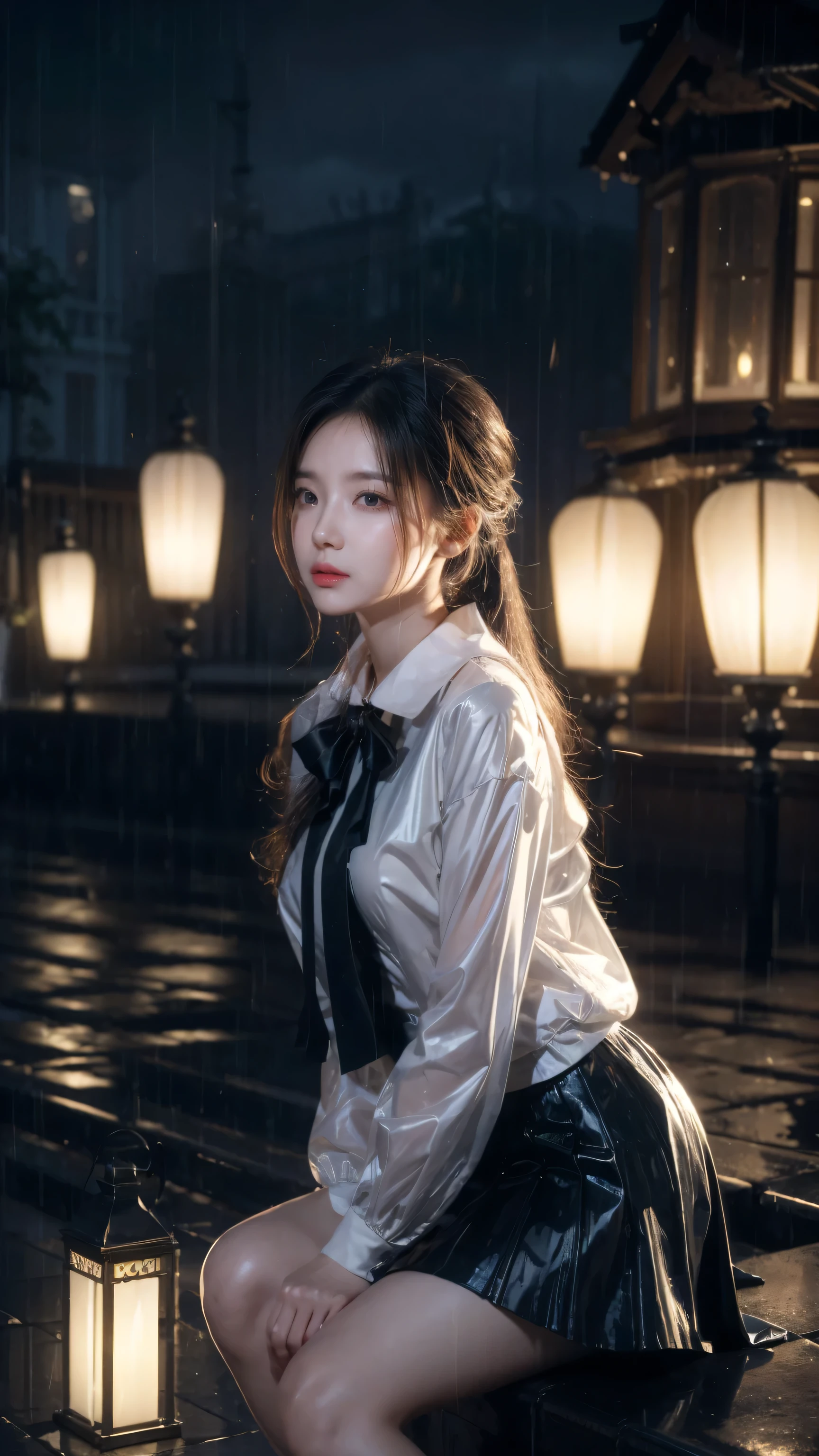 (Extremely detailed CG Unity 8K wallpaper), Beautiful young woman in the rain, skirt, sitting, Cemetery with lanterns, Style Empire, (Style - Glass), (((Surrealism))), full_Body_shooting, dramatic, Backlight, light, Volumetric Lighting, Delicate face, Very detailed,