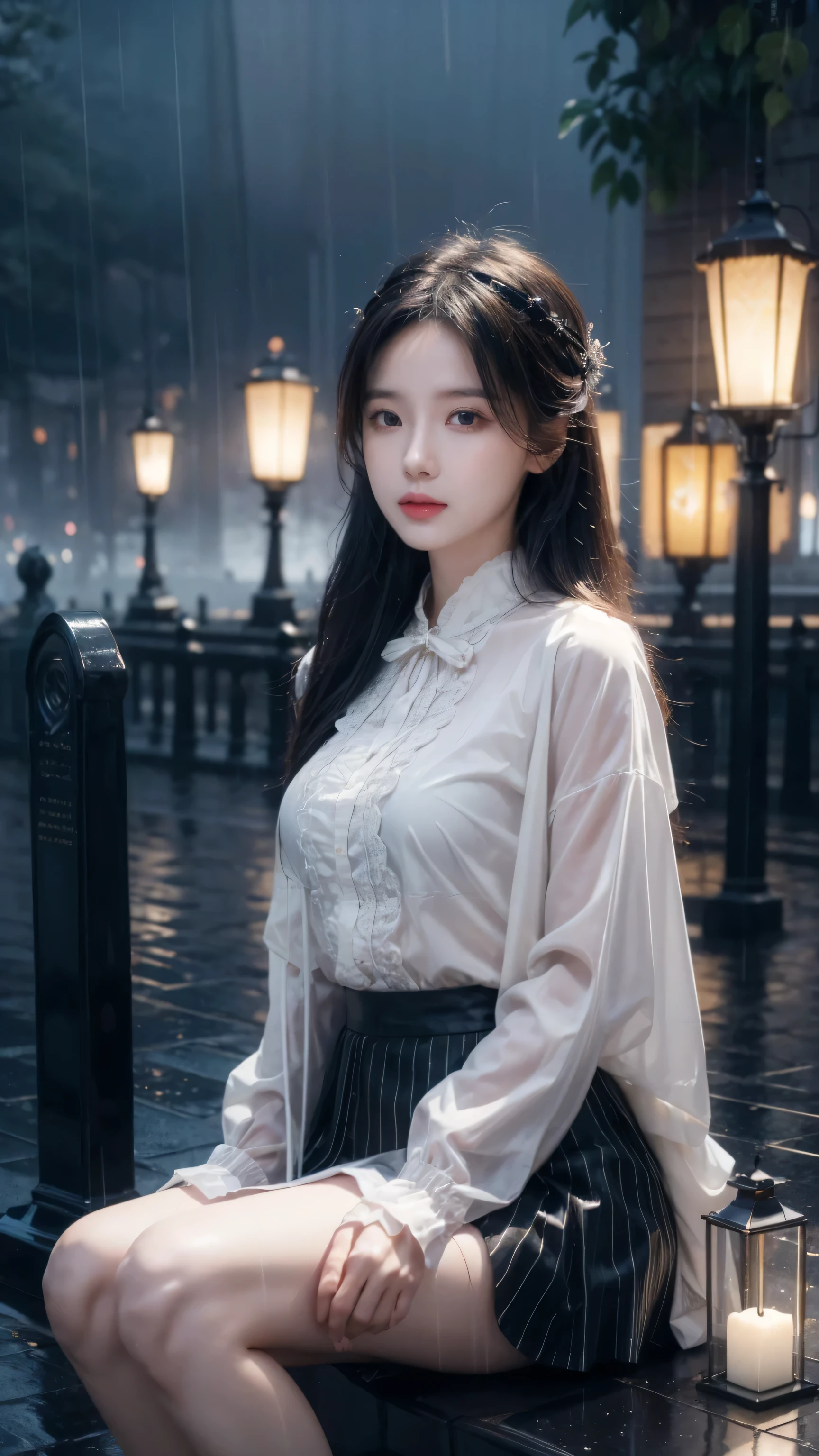 (Extremely detailed CG Unity 8K wallpaper), Beautiful young woman in the rain, skirt, sitting, Cemetery with lanterns, Style Empire, (Style - Glass), (((Surrealism))), full_Body_shooting, dramatic, Backlight, light, Volumetric Lighting, Delicate face, Very detailed, 