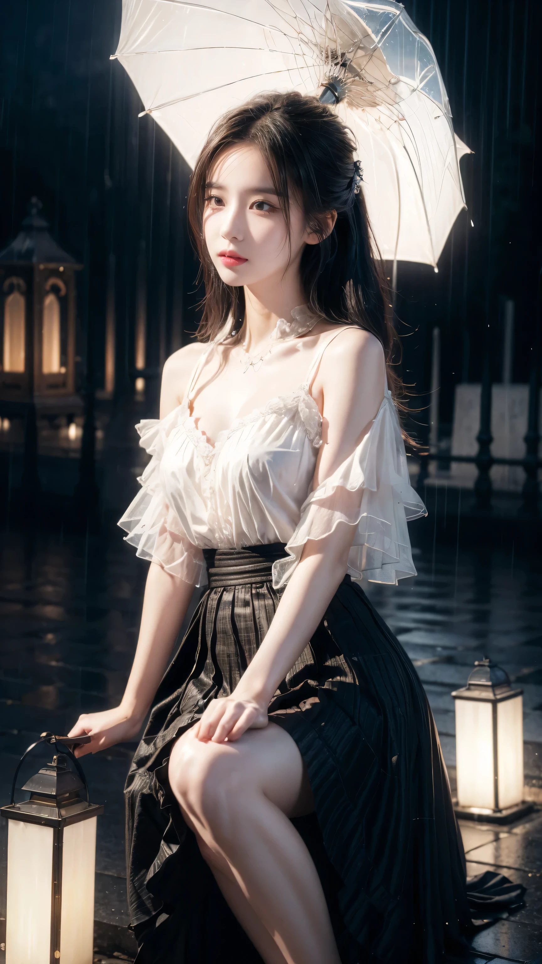 (Extremely detailed CG Unity 8K wallpaper), Beautiful young woman in the rain, skirt, sitting, Cemetery with lanterns, Style Empire, (Style - Glass), (((Surrealism))), full_Body_shooting, dramatic, Backlight, light, Volumetric Lighting, Delicate face, Very detailed, 