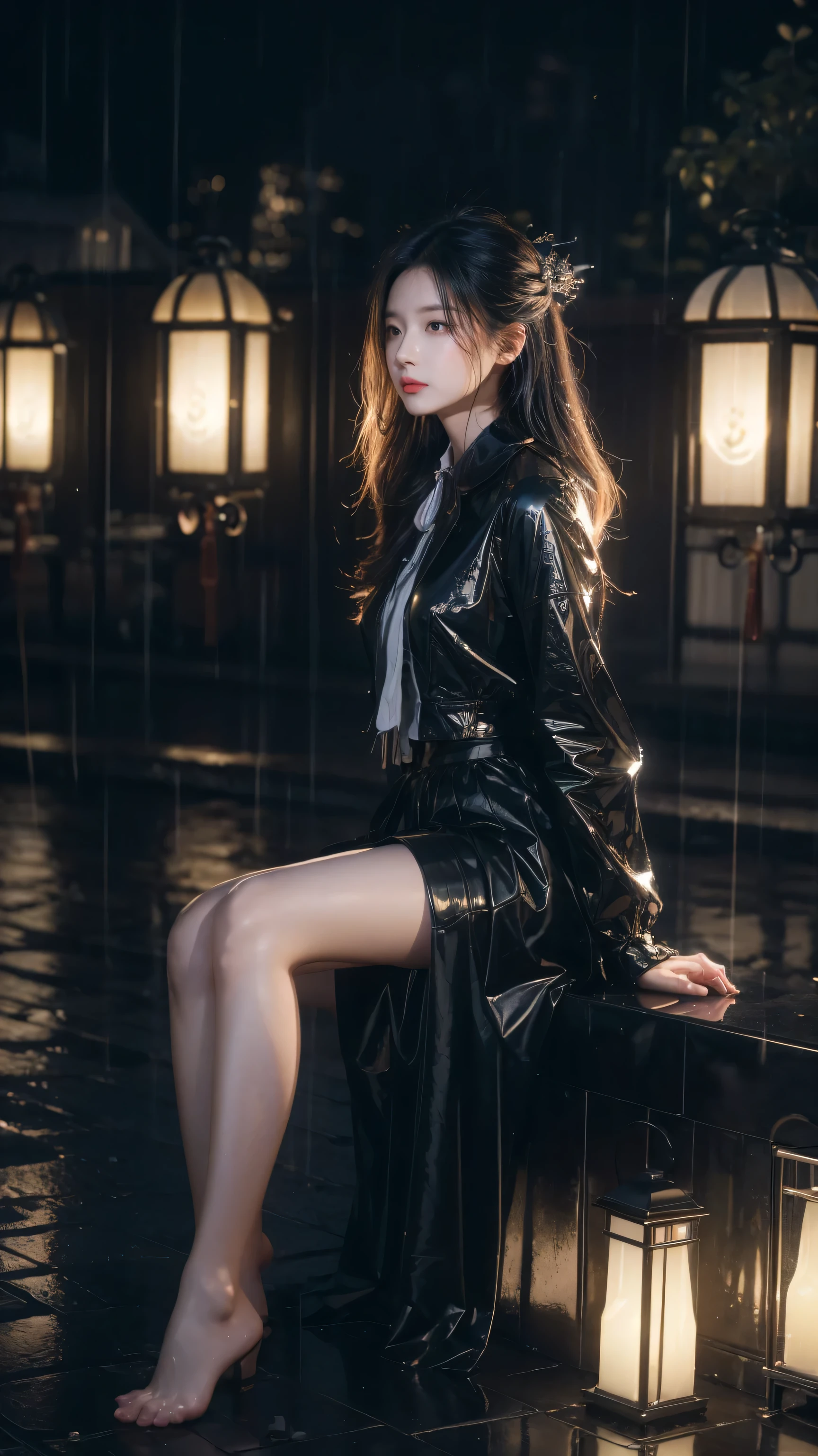 (Extremely detailed CG Unity 8K wallpaper), Beautiful young woman in the rain, skirt, sitting, Cemetery with lanterns, Style Empire, (Style - Glass), (((Surrealism))), full_Body_shooting, dramatic, Backlight, light, Volumetric Lighting, Delicate face, Very detailed, 