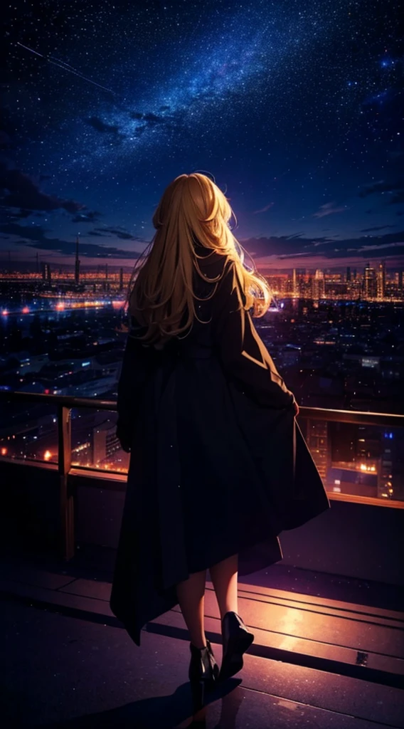 １people々々々々々々々々,Blonde long-haired woman，Long coat， Dress Silhouette， Rear View，Space Sky, comet, Anime Style, City night view from the rooftop，