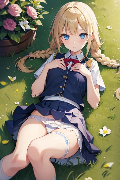 masterpiece, highest quality, High resolution, -yeld giblue eyes、
blonde,  Braiding、uniform, White shirt, Check skirt, White panties、garden、Lying on the grass