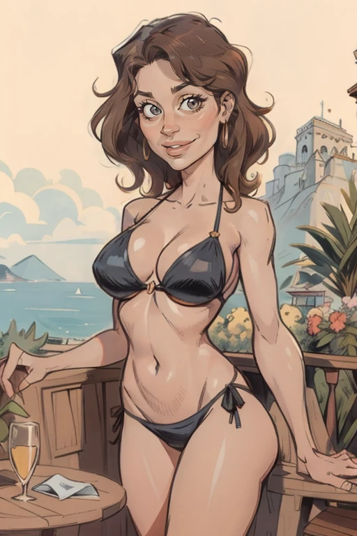 Muse and goddess of seductive 40 year old woman, with short wavy brown hair, wearing a tight floreal bikini, posing smiling on a terrace in Sorrento, background: panoramic terrace in Sorrento, languid, otherworldly color ink drawing by Abigail larson, Egon Schiele, Bill Sienkiewicz, Moebius,black and white,