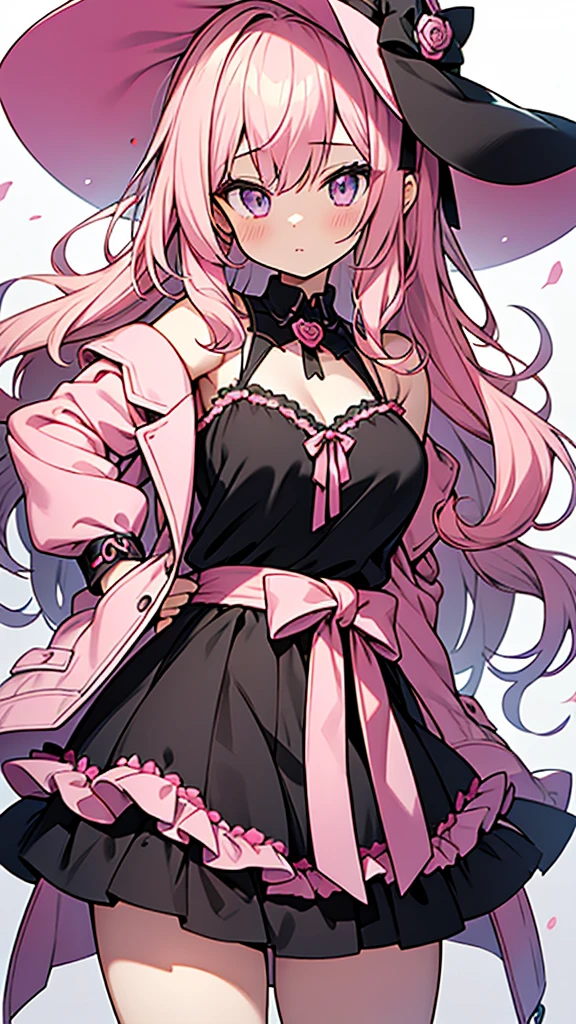 anime style,*********** girl,pink Jacket,black camisole with pink ribbon,pink_witch_hat with pink rose accessories,black skirt with pink frill,Gyaru-style vertical roll hair,midium breasts,class room,