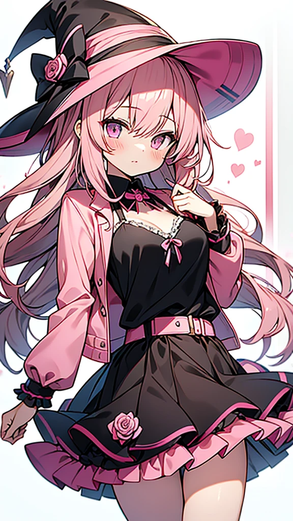 anime style, girl,pink Jacket,black camisole with pink ribbon,pink_witch_hat with pink rose accessories,black skirt with pink frill,Gyaru-style vertical roll hair,midium breasts,class room,