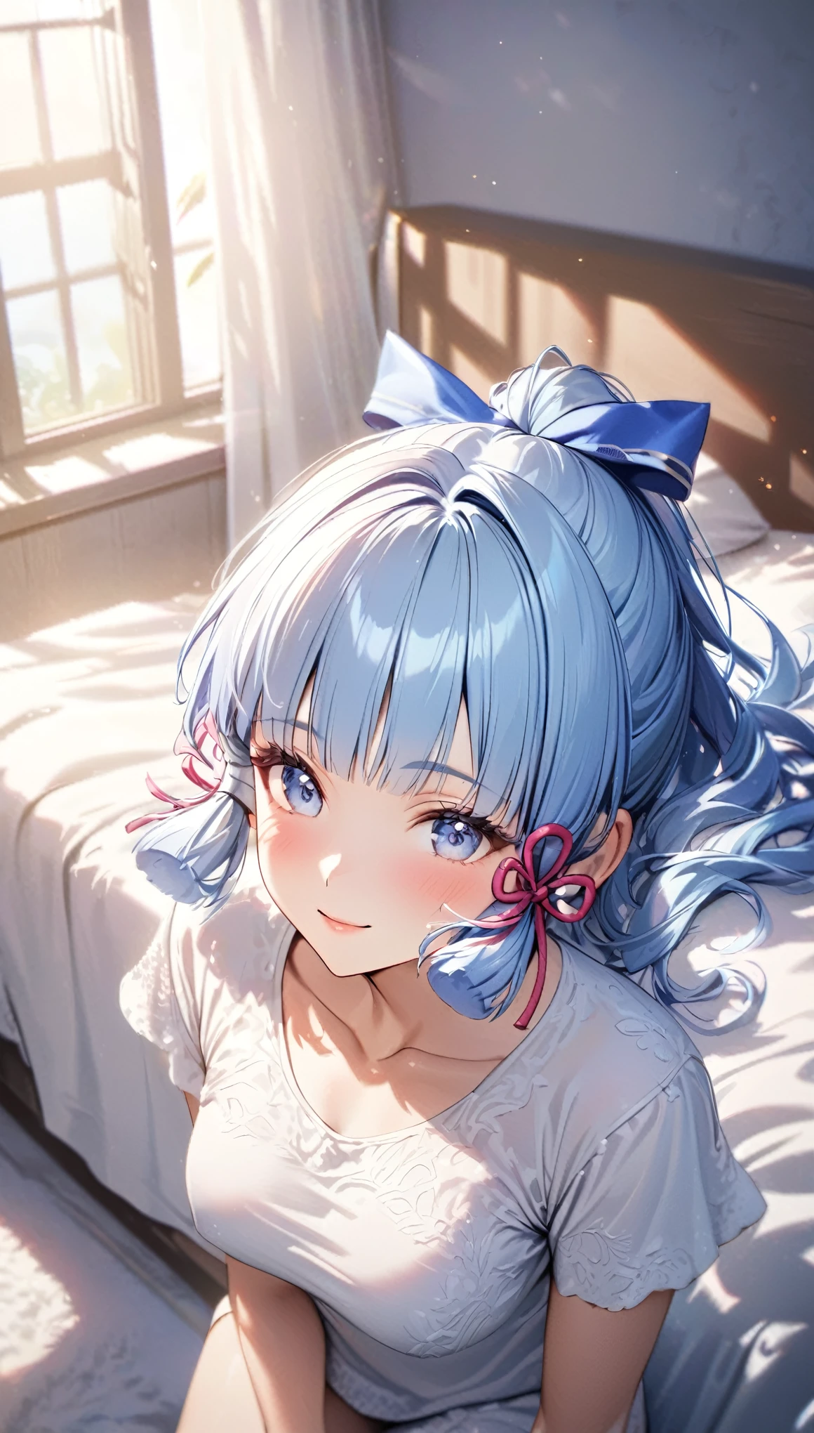 Ayaka,((blue hair)), elf,beautiful face,smiling, fit body, moderate breast,sitting on a bed,wearing white pajama,illustration,detailed textures,ultra-detailed(realistic),portrait style,vivid colors,soft lighting.