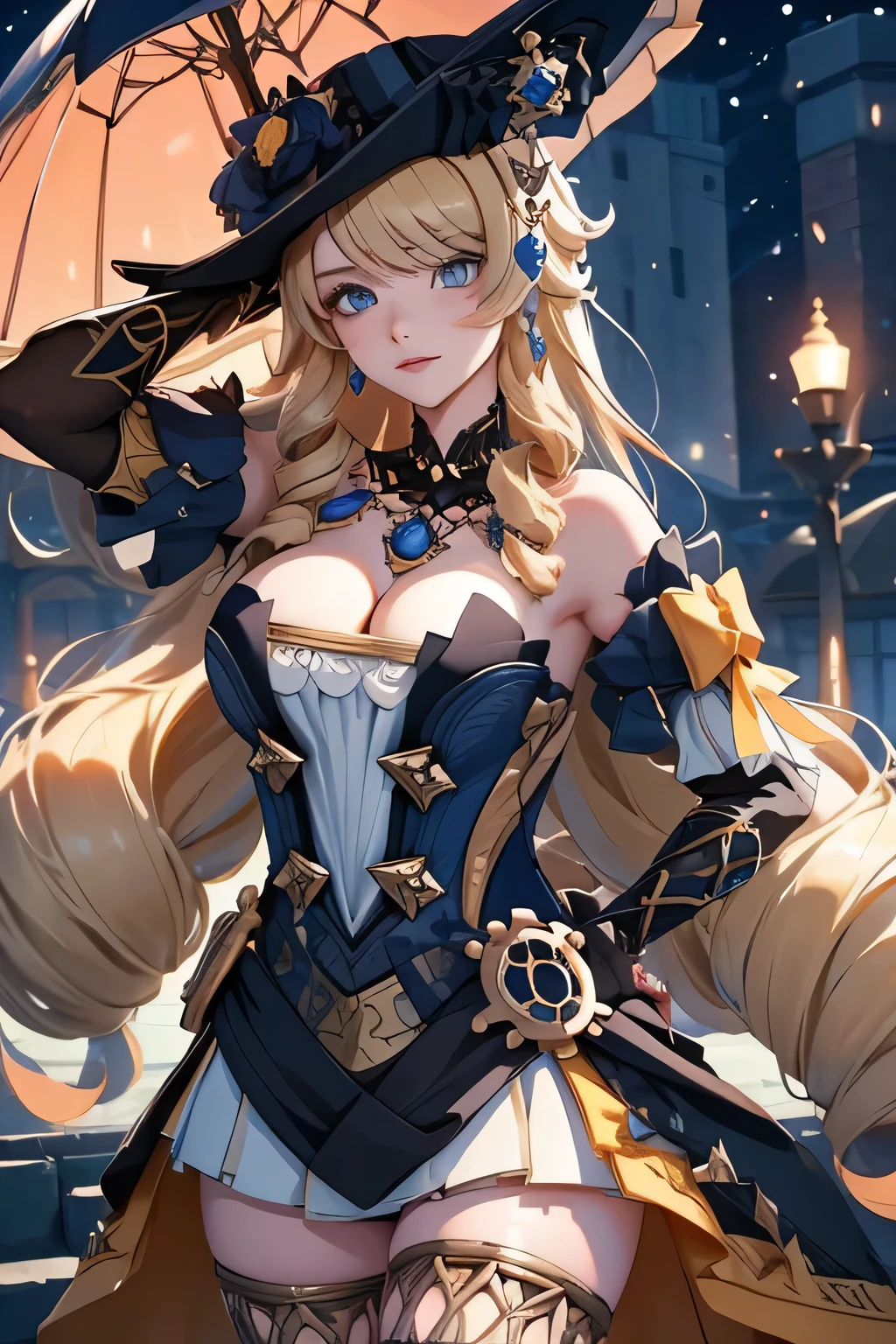 [navia (genshin impact)]:1.5,((masterpiece,highest quality,Highly detailed images,Beautiful images))1.4(navy images、arms behind head、night scene、A magical night city、Overall dim lighting、Backlight、A fantastic atmosphere、Thick Fog、Dust flutters)1.3,(Close-up image of navia)1.1、(Great cleavage、Exposing cleavage):1.2
