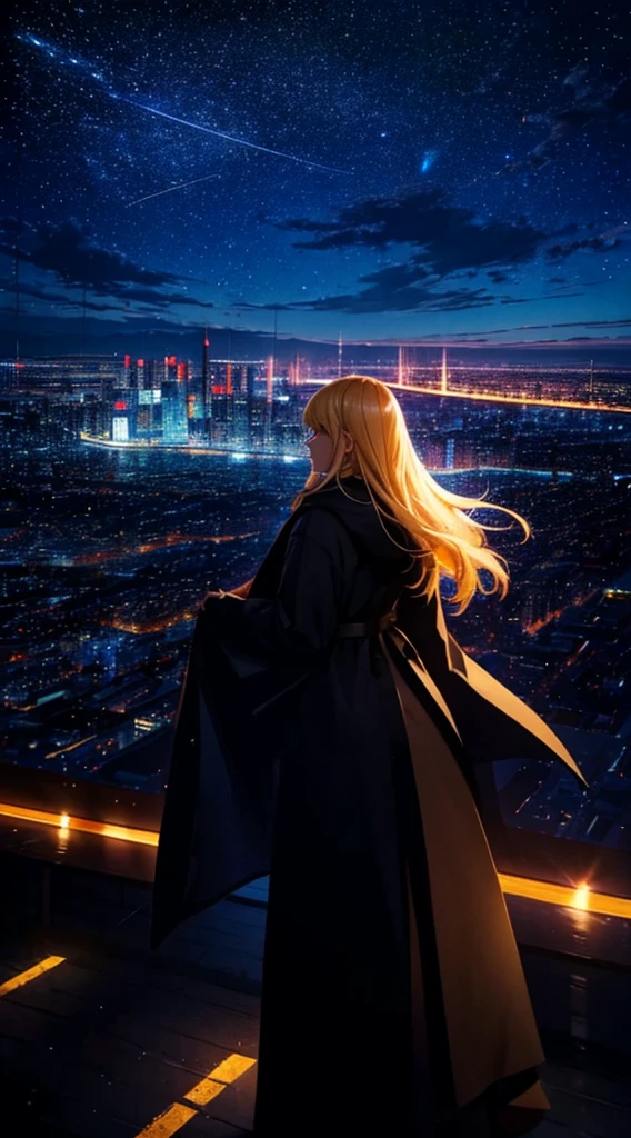 １people々々々々々々々々,Blonde long-haired woman，Long coat， Dress Silhouette， Rear View，Space Sky, comet, Anime Style, City night view from the rooftop，Countless crosses of light in the city，