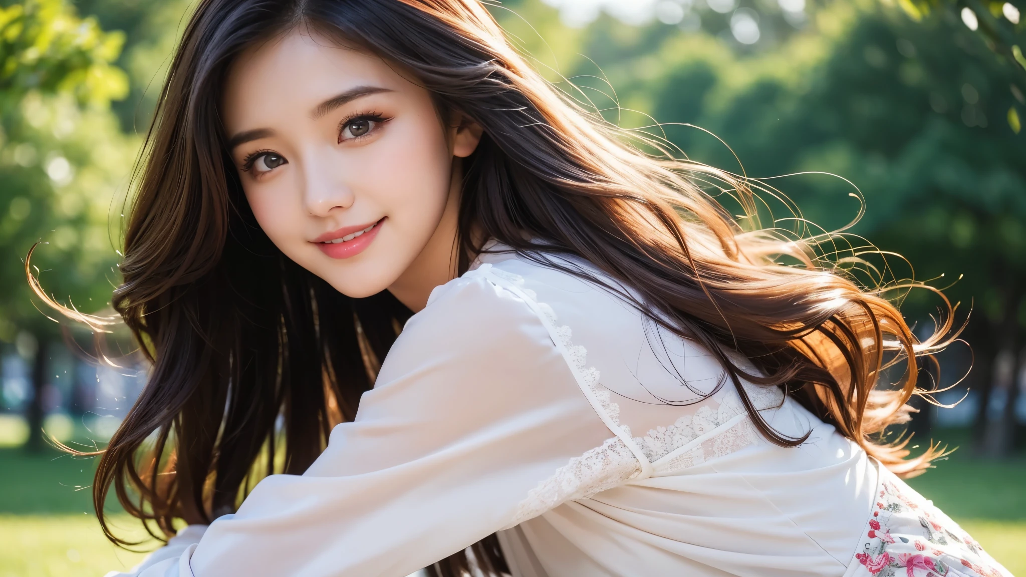 Mastepiece, top quality, illustration, ultra-definition, detailed, high resolution, 8K wallpaper, perfect dynamic composition, detailed eyes, long-sleeved dress, medium hair, natural colored lips, bold sexy pose, smile, park, 20-year-old girl , cute, sexy shot looking at camera, blurred background