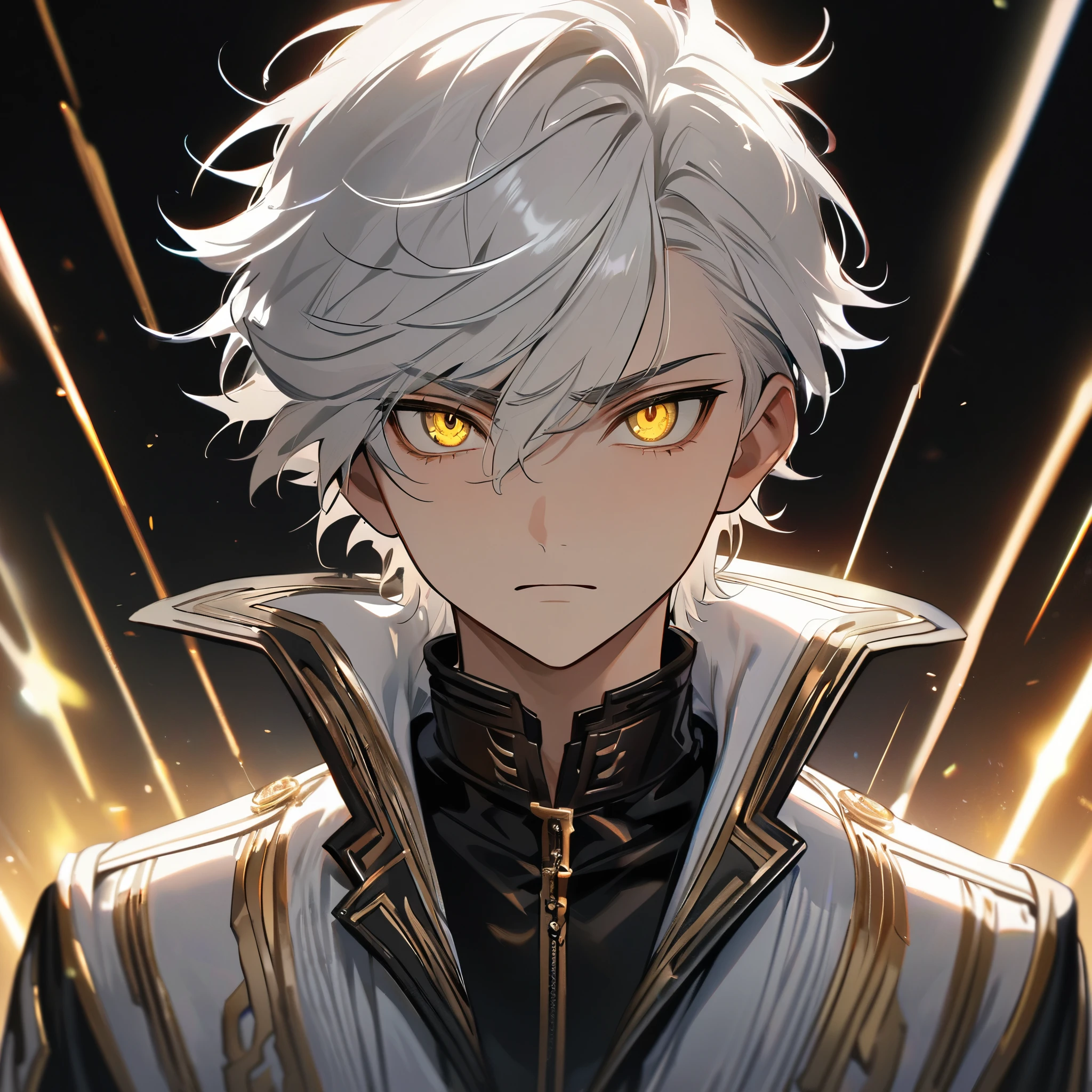 High quality, HD, 4k, handsome male, 1male, 17 years old, teenager, golden lining, short white hair, sharp eyes, gold eyes, devil may cry, close up, calm expression, stoic expression, black leather clothes, white leather clothing, upper body, looking at viewer, cowboy shot, white solar, shining background