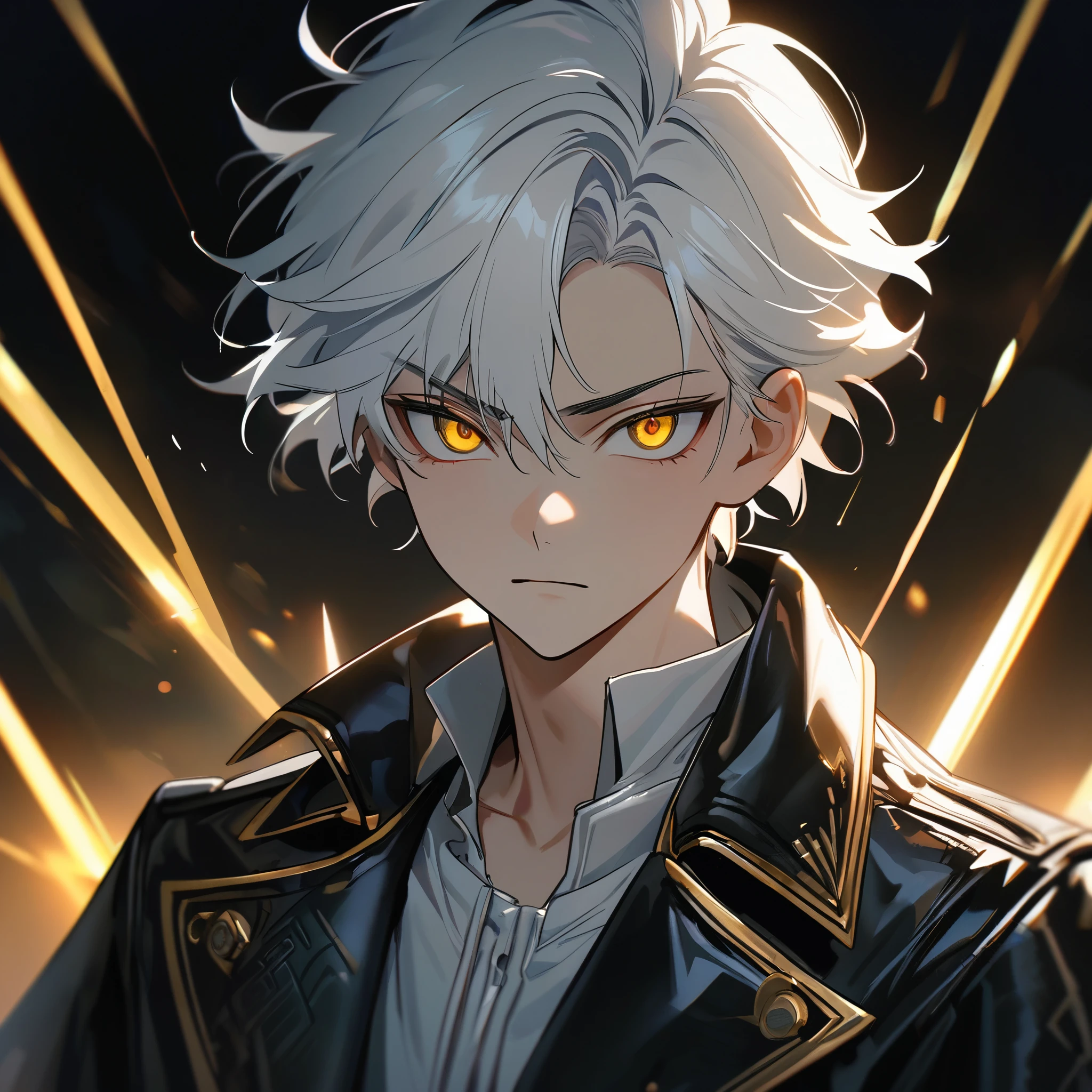 High quality, HD, 4k, handsome male, 1male, ************, teenager, golden lining, short white hair, sharp eyes, gold eyes, devil may cry, close up, calm expression, stoic expression, black leather clothes, white leather clothing, upper body, looking at viewer, cowboy shot, white solar, shining background