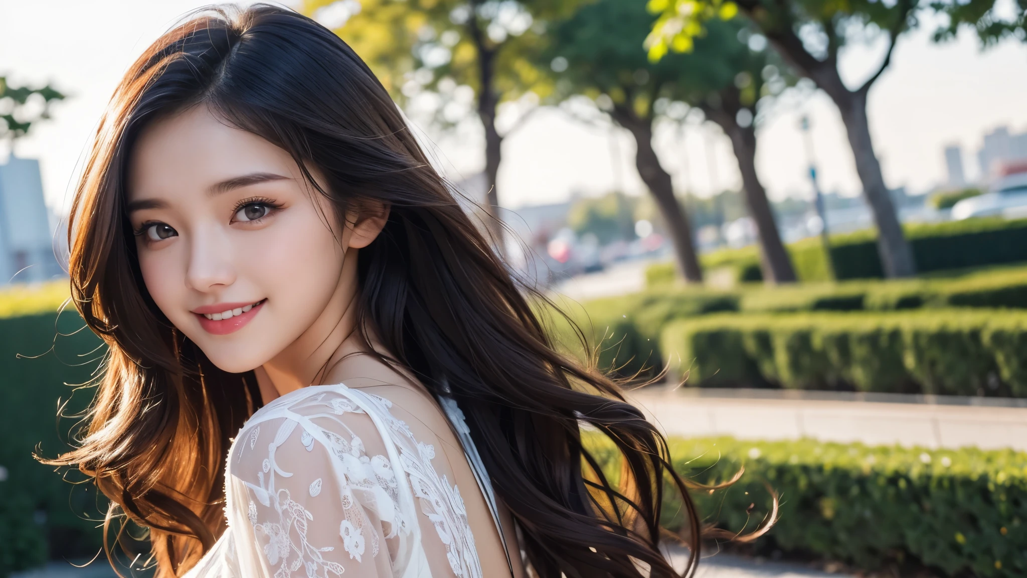 Mastepiece, top quality, illustration, ultra-definition, detailed, high resolution, 8K wallpaper, perfect dynamic composition, detailed eyes, long-sleeved dress, medium hair, natural colored lips, bold sexy pose, smile, park, 20-year-old girl , cute, sexy shot looking at camera, blurred background