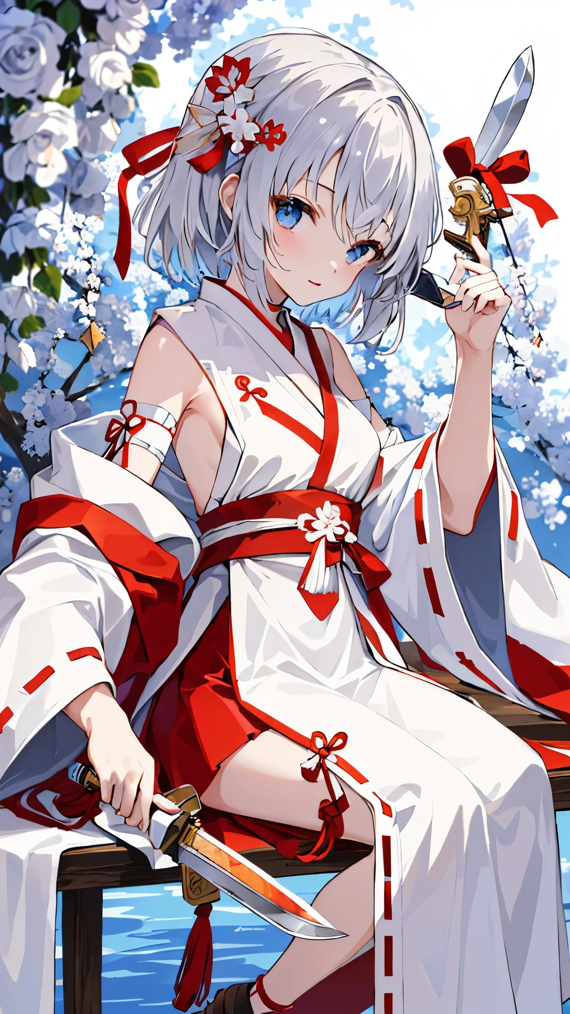 Masterpiece、Highest quality、Highest quality、girl、Miko costume、knife、1 person、detailed、Perfect Face。