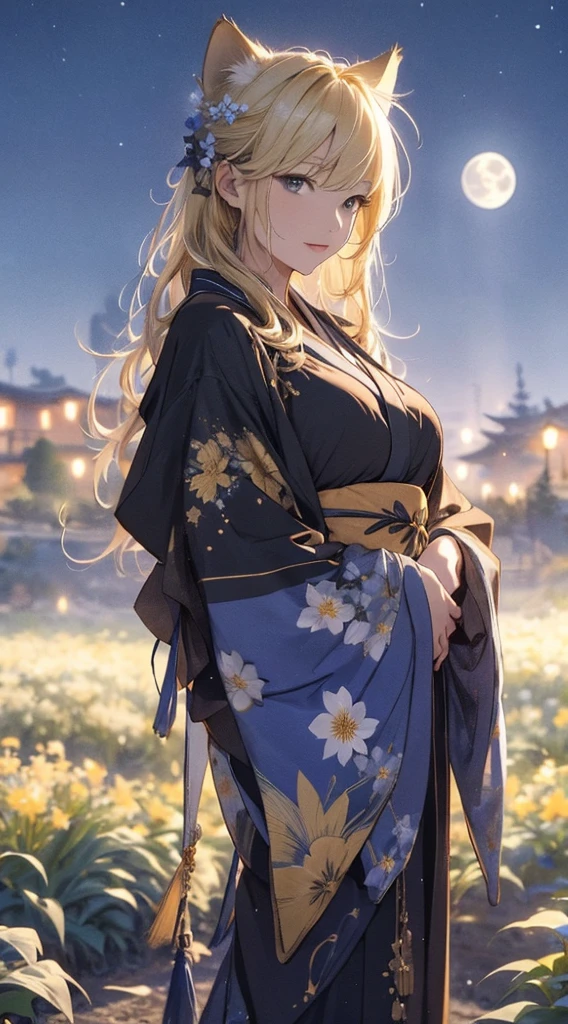 masterpiece, high quality, 4K, Beautiful design, silhouette，blonde， 非常に詳細な夜のStarry Sky,Flower Field， wonderful, Finer details,  Very knowledgeable woman, Highly detailed solo, 1 female,Cat ear，Big Breasts，kimono，Night view，Starry Sky，full moon，