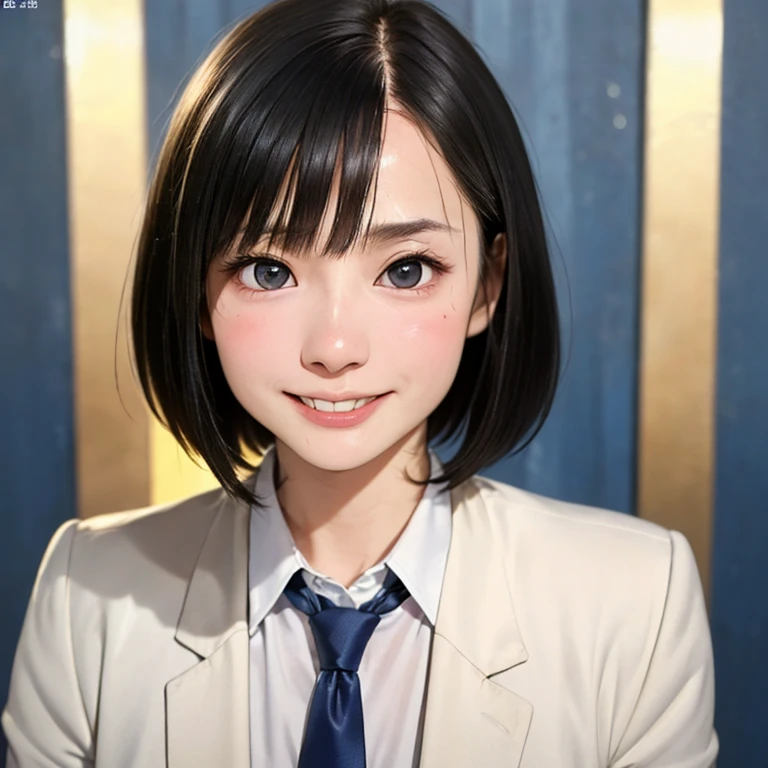 (kawaii 24 year-old Japanese girl, Nogizaka idol, Korean idol), (glossy hair, very short hair, bangs:1.3), (beautiful black eyes, rounded face, single eyelid, no makeup, laughing, even whitened teeth:1.2), (wearing suit jacket, collared shirt, necktie:1.3), (extra small breasts:0.9), (looking at camera:1.3), BREAK, (simple blue background:1.3), (view from forward, bust shot:1.3), BREAK, (masterpiece, best quality, photo realistic, official art:1.4), (UHD, 8K quality wallpaper, high resolution, raw photo, golden ratio:1.3), (shiny skin), professional lighting, physically based rendering, award winning, (highly detailed skin, extremely detailed face and eyes), Carl Zeiss 85 mm F/1.4, depth of field, 1girl, solo,