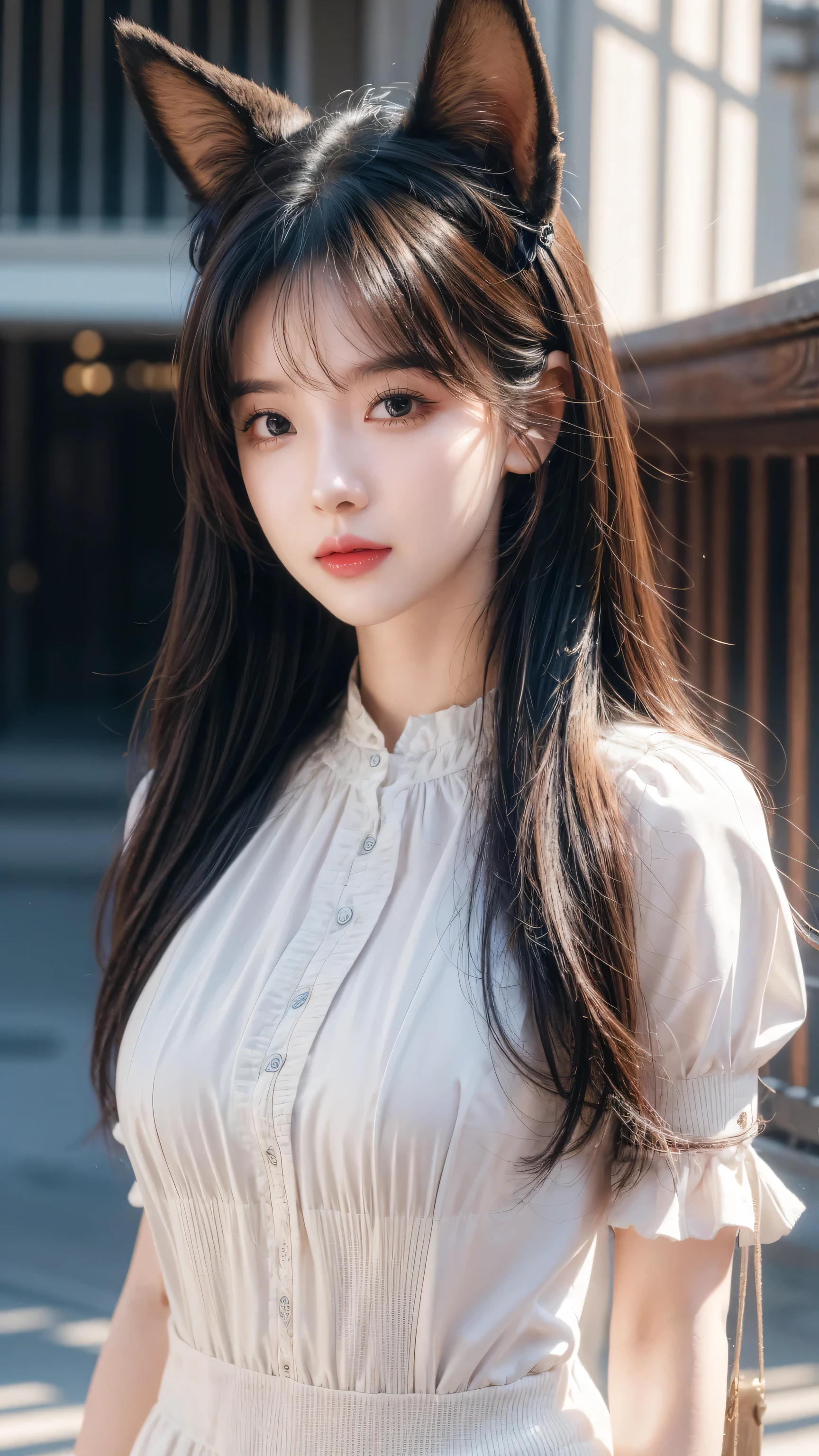 Hair shaking, victory, Long eyelashes, Solid round eye, Fake animal ears, A faint smile, ears red, direction, Surrealism, shadow, Relief, Stereogram, Standing picture, View, Atmospheric perspective, 8k, Super Detail, precise, best quality
