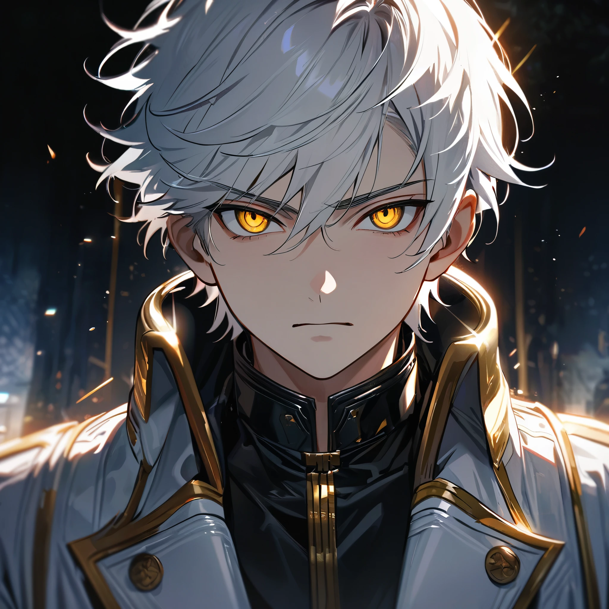 High quality, HD, 4k, handsome male, 1male, , teenager, go lining, short white hair, sharp eyes, gold eyes, devil may cry, close up, calm expression, stoic expression, black leather clothes, white leather clothing, upper body, looking at viewer, cowboy shot, white solar, shining background