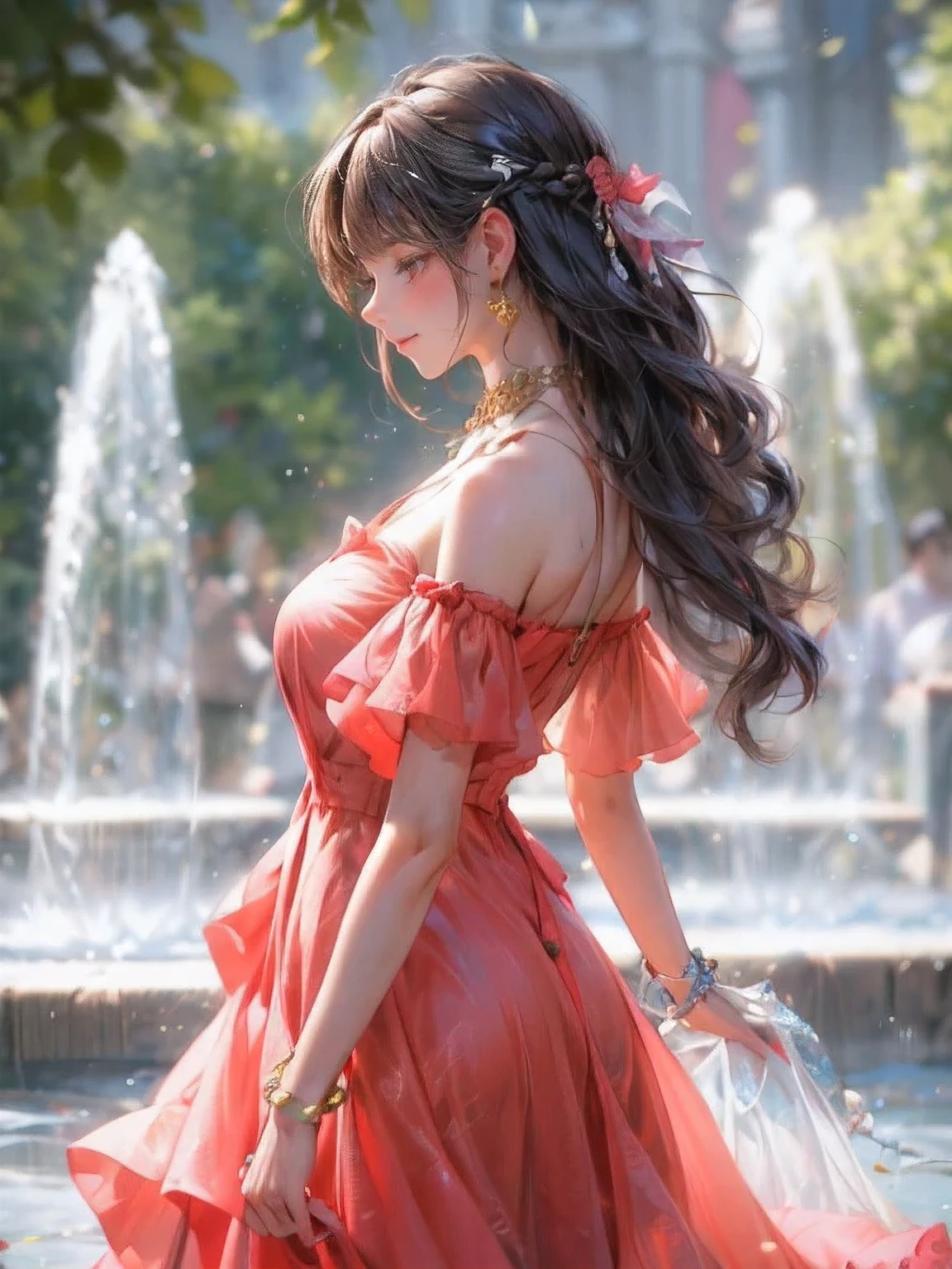 masterpiece:1.2, highest quality, 16k, highres, ultra-realistic, photorealistic:1.37, beautiful detailed:1.2, cute girl, standing in Fashion show, fashion model Striking a pose while standing elegantly on the runway, beautiful delicate artistic avant-garde revealing dress, gently smile, beautiful delicate(hair, face, long eyelash, eyes, pupils, lips, knee, anklet, dress), sparkling eyes, shining rosy lips, blushed cheek, through bangs,