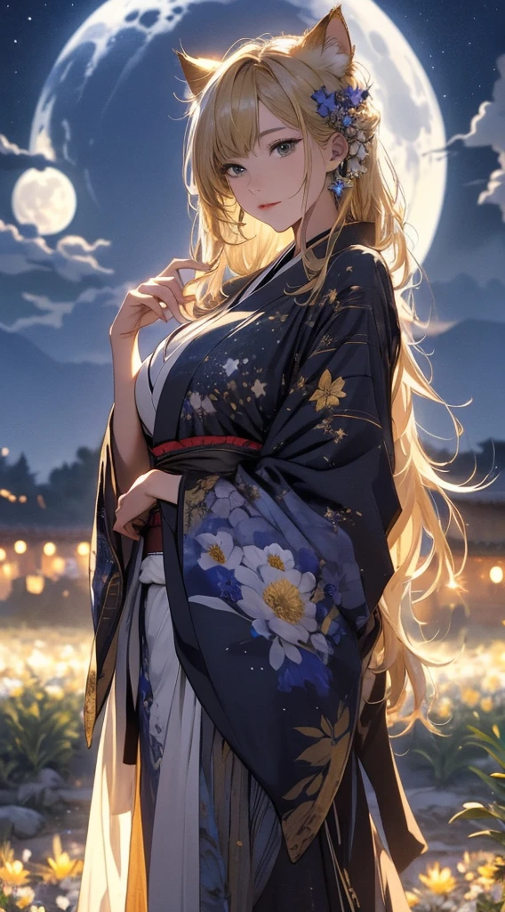 masterpiece, high quality, 4K, Beautiful design, silhouette，blonde， 非常に詳細な夜のStarry Sky,Flower Field， wonderful, Finer details,  Very knowledgeable woman, Highly detailed solo, 1 female,Cat ear，Big Breasts，kimono，Night view，Starry Sky，full moon，