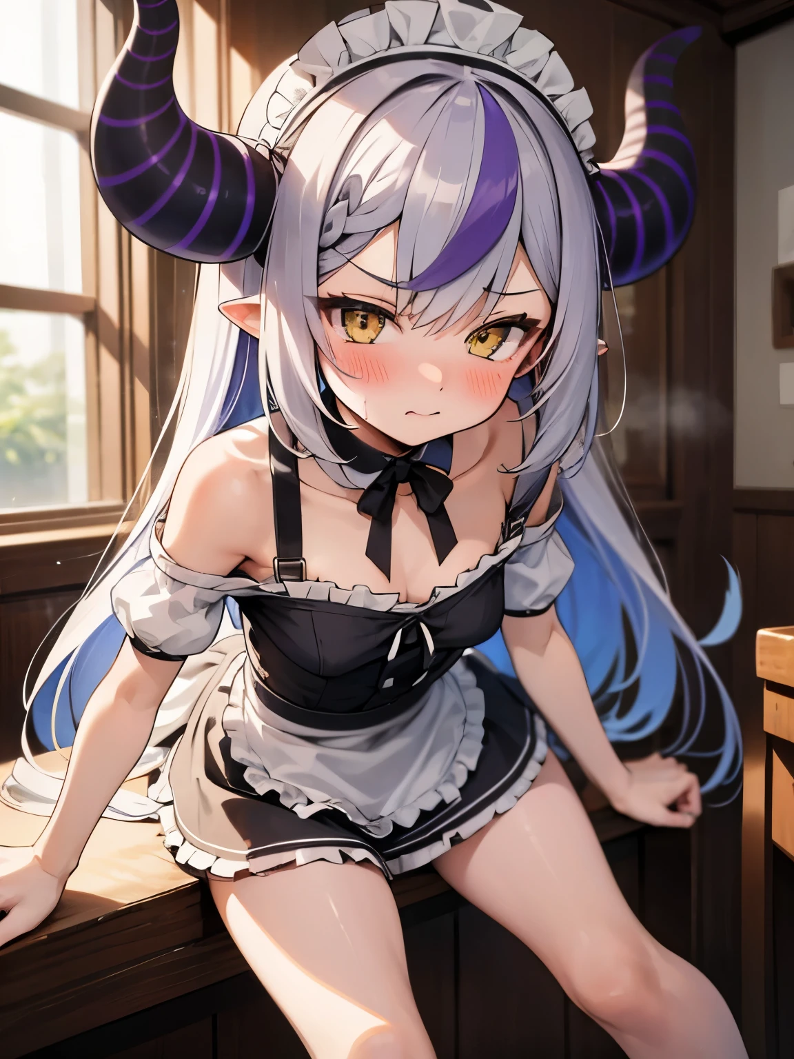 NSFW,Ho****ve,Laplace Darkness,long hair,Small breasts,Maid clothes,Off the shoulder,cropped,Micro Mini Skirt,Embarrassed,blush,In heat,A wistful look,I feel pleasure,(Perfect hands),(Perfect Anatomy),(masterpiece),(highest quality),maid Cafe,Leaning forward,Leg spread