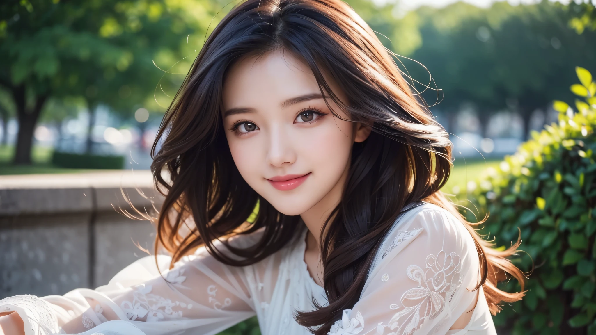 Mastepiece, top quality, illustration, ultra-definition, detailed, high resolution, 8K wallpaper, perfect dynamic composition, detailed eyes, long-sleeved dress, medium hair, natural colored lips, bold sexy pose, smile, park, 20-year-old girl , cute, sexy shot looking at camera, blurred background