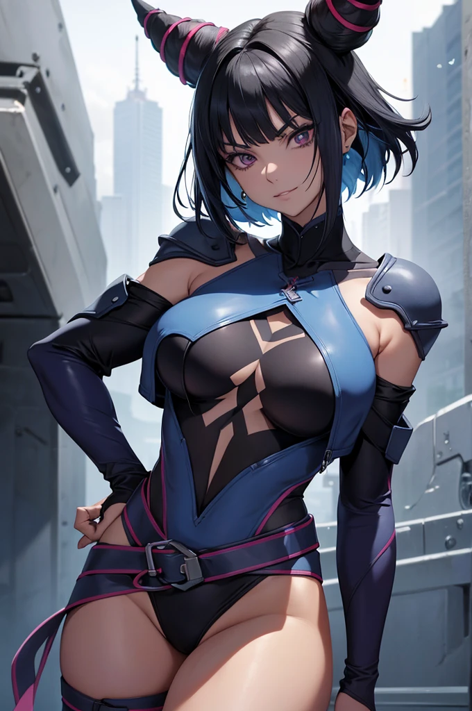 melhor qualidade,roupa azul,juri han,solo, masterpiece, best quality, agrias, grey sweater, black leotard, standing, looking at viewer, short hair,oculos,evil smile, evil look,luvas preta,roupa azul,yandere rosto,low lighting,coxa sarada copo detalhado,olhando para frente juri han,bela
