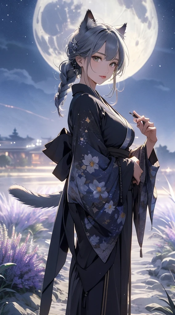 masterpiece, high quality, 4K, Beautiful design, silhouette，Gray Hair， 非常に詳細な夜のStarry Sky,Flower Field， wonderful, Finer details,  Very knowledgeable woman, Highly detailed solo, 1 female,Cat ear，Big Breasts，kimono，Night view，Starry Sky，full moon，
