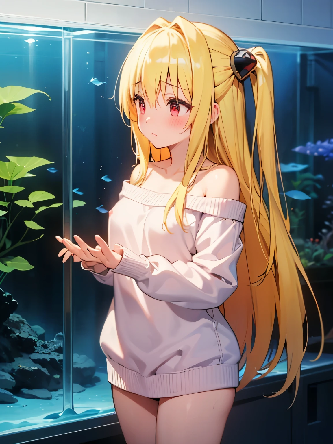 NSFW,Fiami、1 girl、Long Hair、solo、hair ornaments、Two Side Up、Blonde Hair、Red eyes、hair ornaments,sweater,Off the shoulder,Embarrassed,blush,(Perfect hands),(Perfect Anatomy),(masterpiece),(highest quality),Aquarium,Aquarium