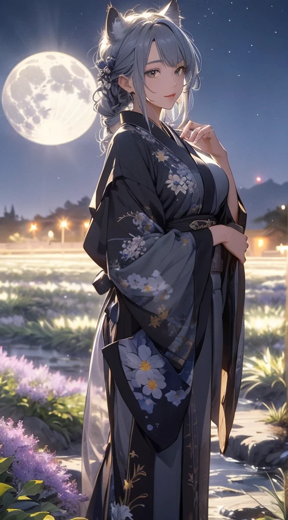 masterpiece, high quality, 4K, Beautiful design, silhouette,Gray Hair, 非常に詳細な夜のStarry Sky,Flower Field, wonderful, Finer details, Very knowledgeable woman, Highly detailed solo, 1 female,Cat ear,Big Breasts,kimono,Night view,Starry Sky,full moon,