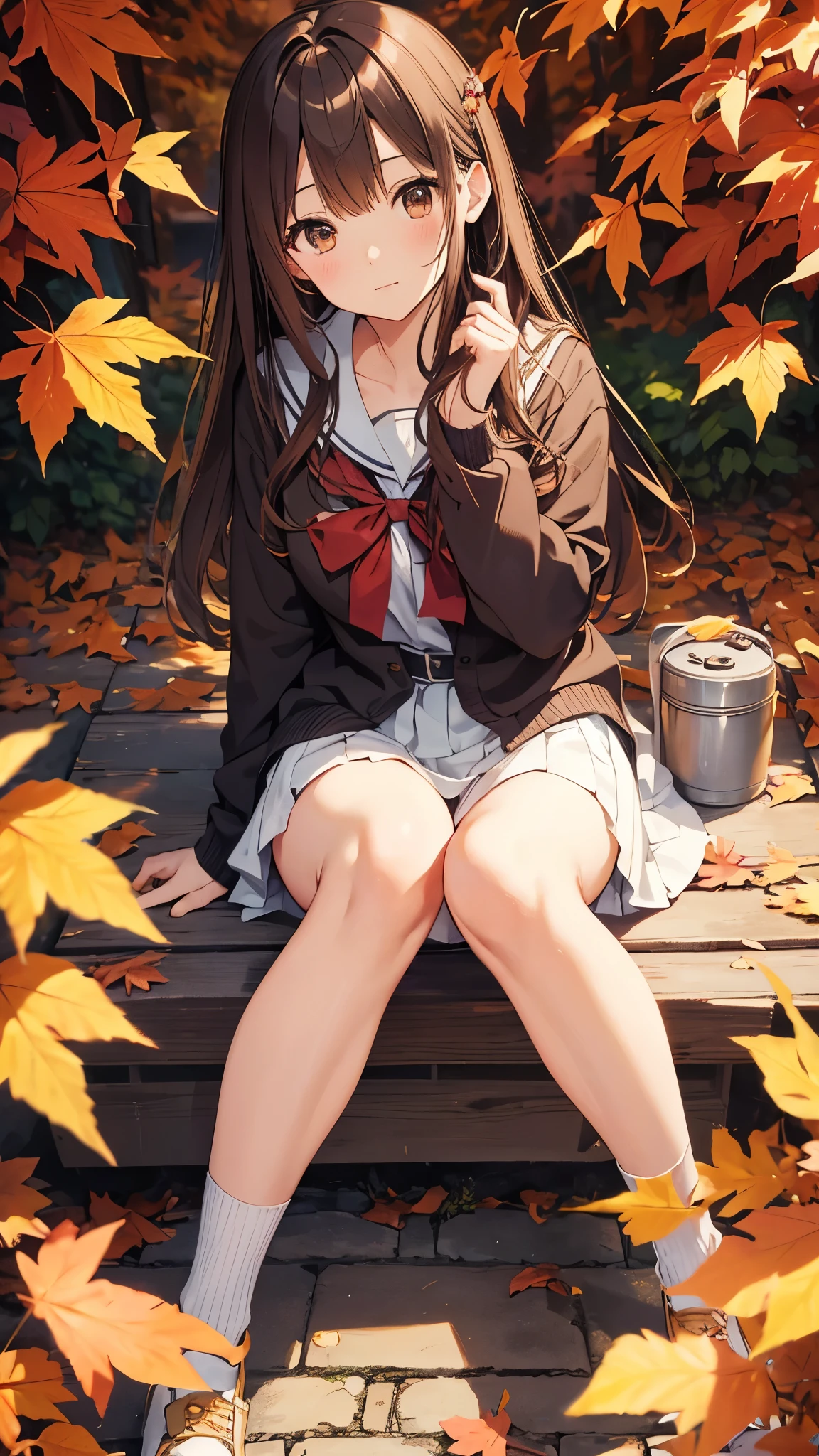 High resolution、masterpiece、Chizuru Ichinose、Brown Hair、I、For women、high school girl、School、autumn leaves、Sit on、Detailed Background、Detailed eyes、((Brown eyes)),Beautiful and perfect legs, Clean and perfect hands