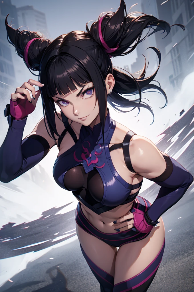 melhor qualidade,roupa azul,juri han,solo, masterpiece, best quality, agrias, grey sweater, black leotard, standing, looking at viewer, short hair,oculos,evil smile, evil look,luvas preta,roupa azul,yandere rosto,low lighting,coxa sarada copo detalhado,olhando para frente juri han,bela
