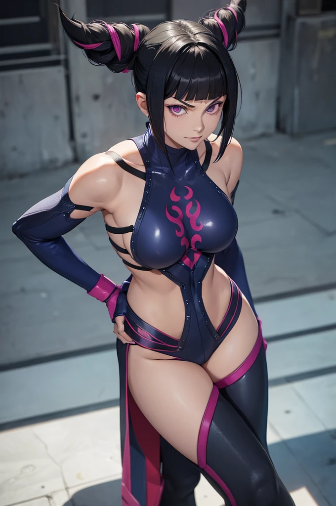 melhor qualidade,roupa azul,juri han,solo, masterpiece, best quality, agrias, grey sweater, black leotard, standing, looking at viewer, short hair,oculos,evil smile, evil look,luvas preta,roupa azul,yandere rosto,low lighting,coxa sarada copo detalhado,olhando para frente juri han,bela