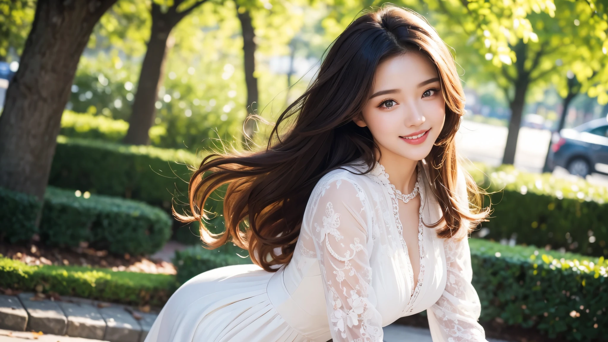 Mastepiece, top quality, illustration, ultra-definition, detailed, high resolution, 8K wallpaper, perfect dynamic composition, detailed eyes, long-sleeved dress, medium hair, natural colored lips, bold sexy pose, smile, park, 20-year-old girl , cute, sexy shot looking at camera, blurred background