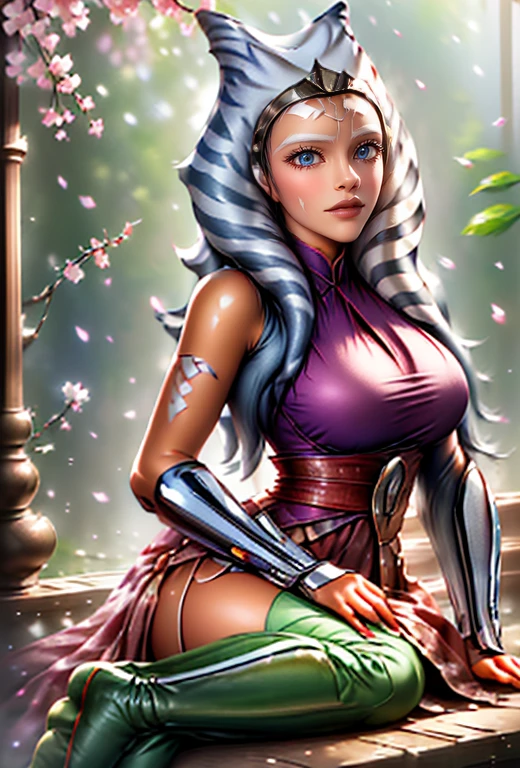 (((ahsoka)))　(Bright red rouge lips)　Super big boobs　Chubby　Plump　Super big butt　Wet ass　　Big eyes　SakuraFubuki　((Gorgeous super shiny purple long cheongsam))　((Knee-high boots)) garter belt　8K　Photorealistic　((Cherry tree in full bloom))　(A large amount of falling cherry blossom petals)　((Morning Glow))　((Sit)　((Back view of a person sitting upright))　((make eye contact))　((stick out your butt))