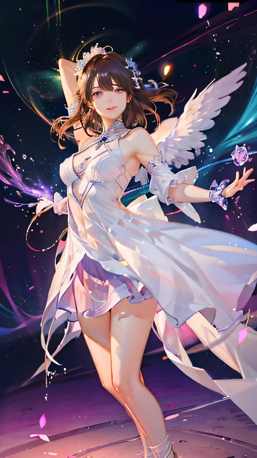 (highest quality, High resolution), Glowing Eyes, Delicate facial features, Vibrant colors, Dreamy atmosphere, Fantasy Theme, Floral Background, Graceful Movement, Magic lighting, Mysterious Aura, Heavenly Beauty, Magic thread, Whimsical elements,Sexy idol costumes、
